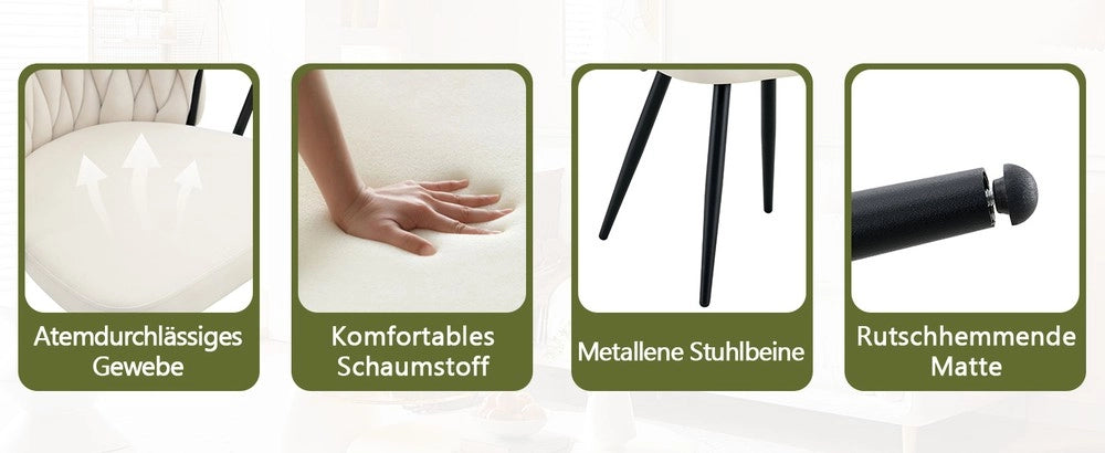 Sedia da Pranzo Imbottita in Velluto con Schienale Intrecciato ¨C MINIMAL ¨C Beige/Nero, Gambe in Metallo