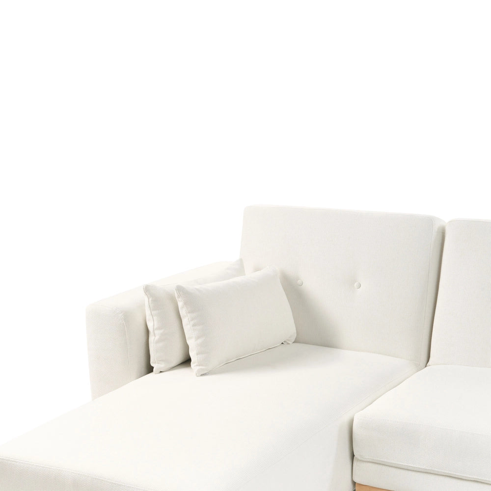 Divano Angolare ad Angolo Destro Bianco in Tessuto Imbottito a L con Seduta Trapuntata Cuscini Decorativi e Funzione Letto