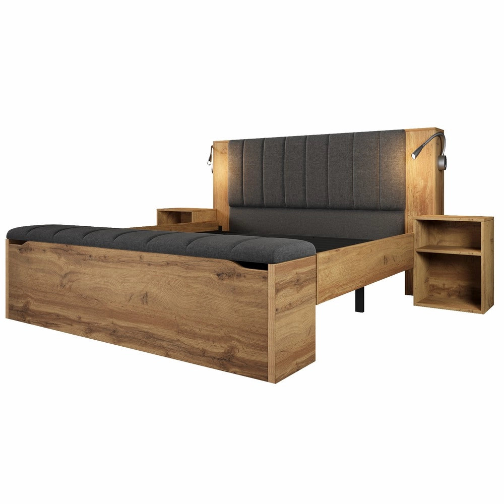 Letto Contenitore Matrimoniale con Testiera, Doghe, LED e Comodini ¨C MINIMAL ¨C Rovere 160x200 con materasso