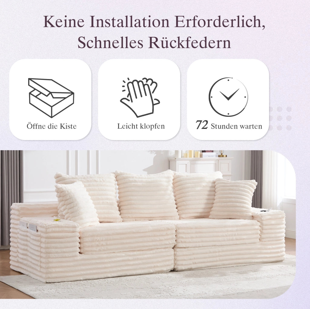 Divano modulabile in velluto a coste beige con tasche laterali e portabevande