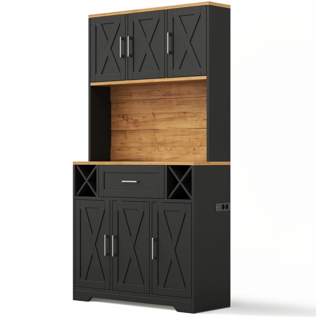 Credenza da cucina 105x40x180 cm in MDF naturale e nero con LED -