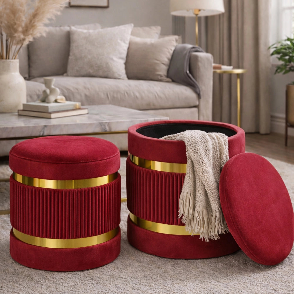 Set 2 Pouf Contenitore Bordeaux con Rivestimento Velluto Morbido Sgabelli Moderni