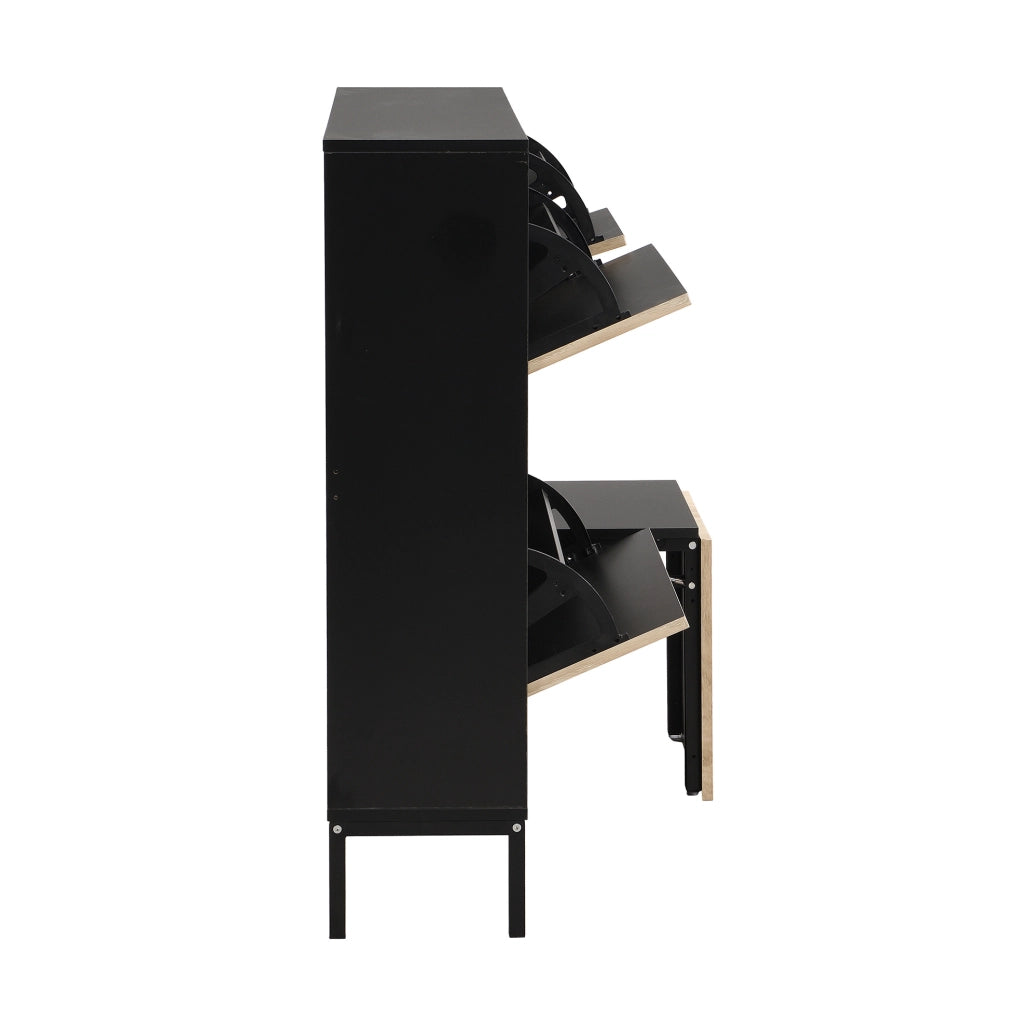 Mobile portascarpe con panca estraibile 100x100x25 cm in MDF nero e naturale