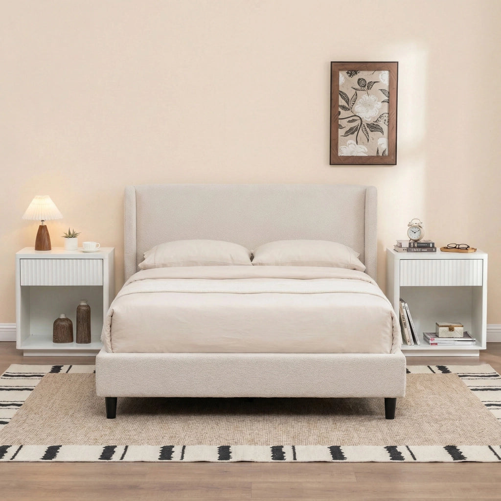Comodino con cassetto e vano aperto, design a onde, per camera da letto, in MDF, bianco, 63,5 × 38 × 46,5 cm