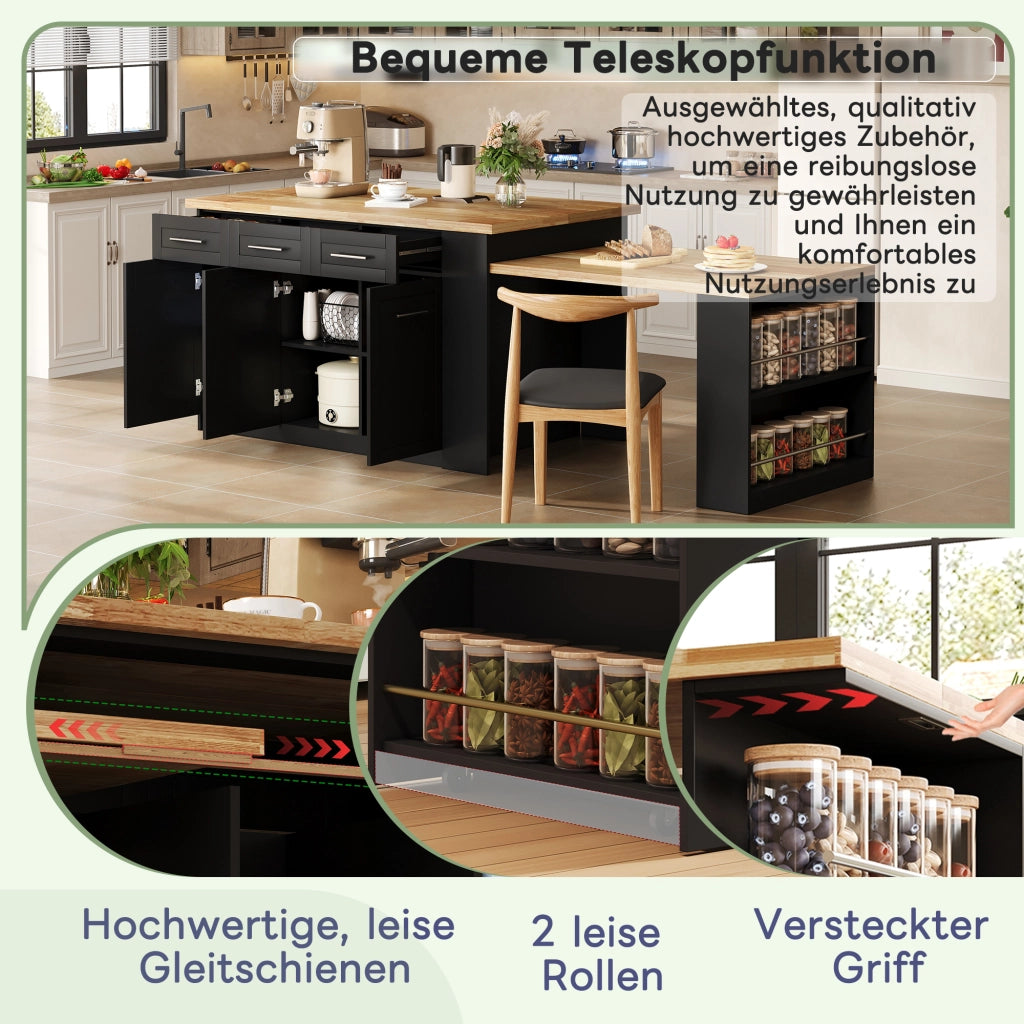 ISOLA CUCINA Multifunzionale 150x90x90 cm Nero/Naturale con tavolo estraibile
