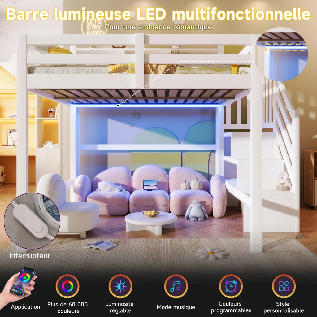 Letto a soppalco 140 × 200 cm con LED scala con contenitore in legno di pino e MDF bianco