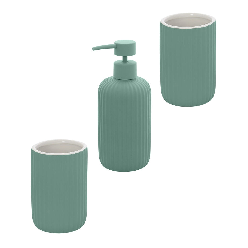 Set accessori bagno in ceramica verde con dispenser sapone e due portaspazzolini Spring