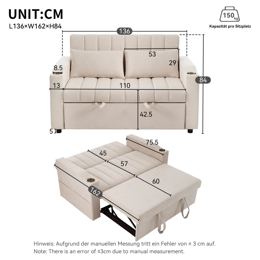 Divano letto multifunzionale a 2 posti con schienale reclinabile, portabicchieri e 2 cuscini, beige