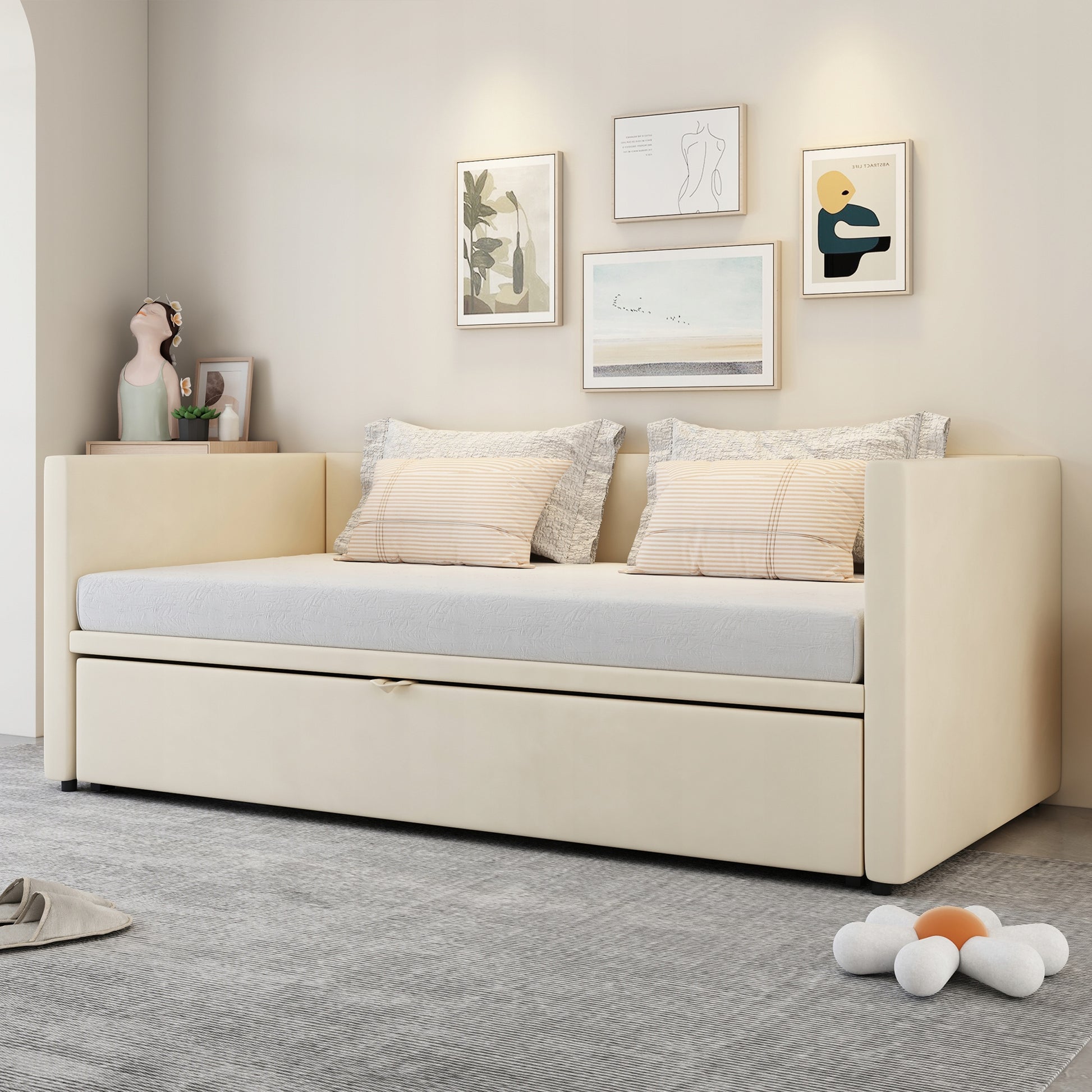 Letto a scomparsa imbottito - Xylo - 90/180x200 - Beige - Con rete