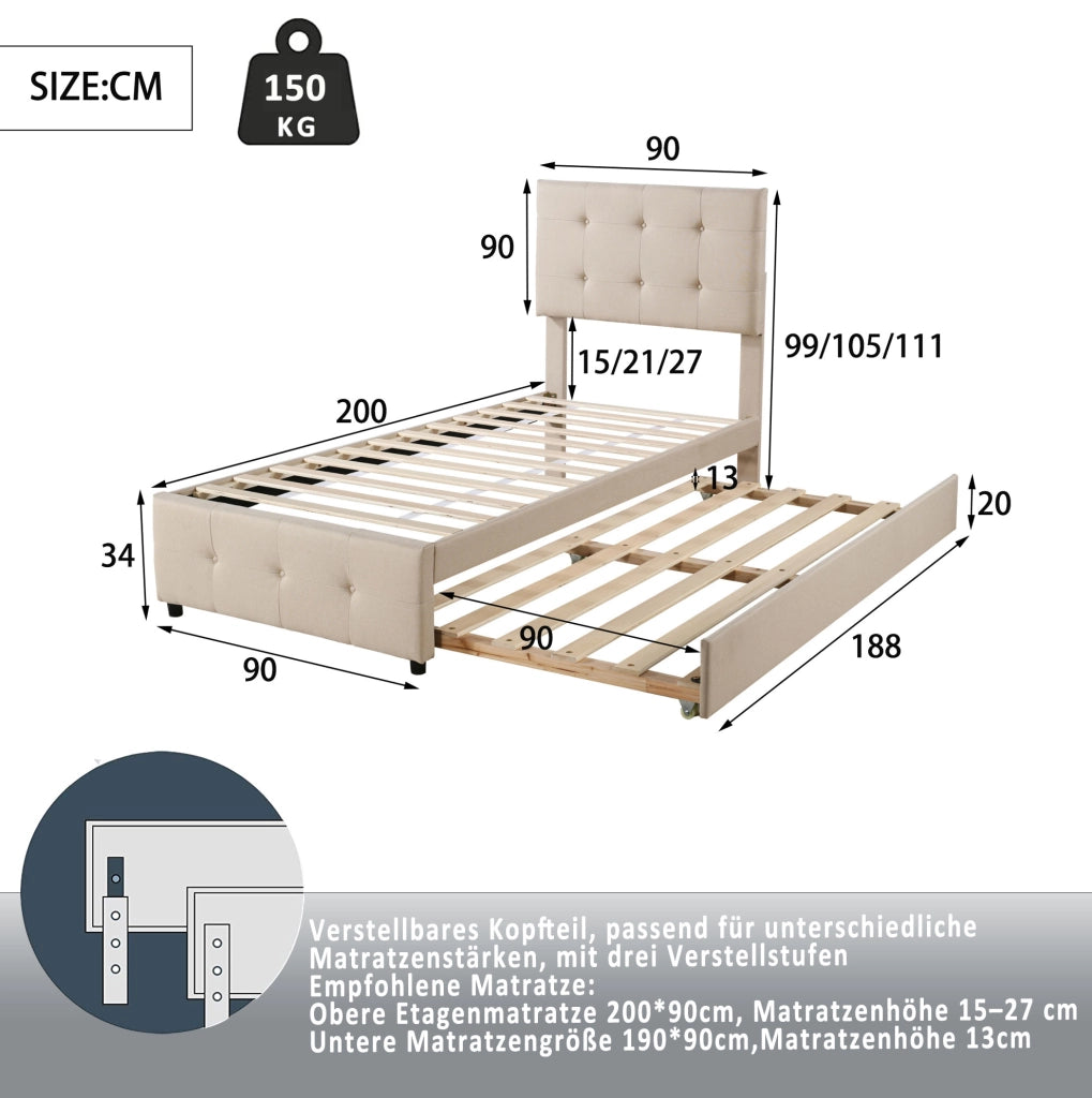 Letto imbottito 90x200 cm con letto estraibile 190x90 cm; testiera regolabile; lino beige