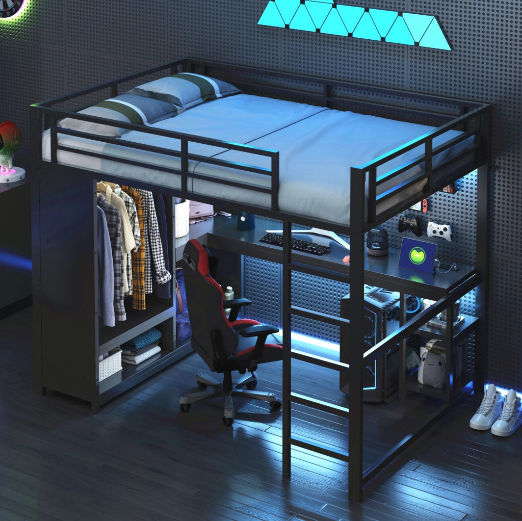 Letto a soppalco 140x200 in metallo con LED e scrivania