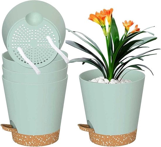 Pentole per piante per interni - pentole autoirriganti in plastica - 5 pezzi - 127 cm - con fori di drenaggio - piatto di servizio e serbatoio profondo - adatto per piante da appartamento e giardino esterno