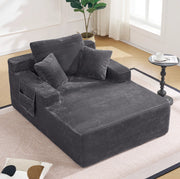 Divano compatto in corduroy con tasche laterali e cuscini; grigio scuro