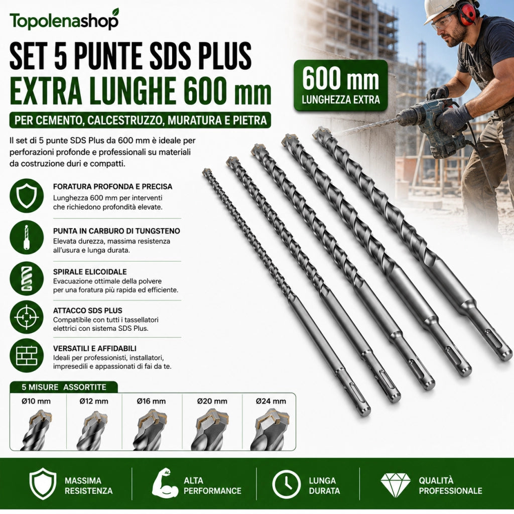 Set 5 Punte SDS Plus per Trapano 600 mm Ø10-12-16-20-24 per Cemento Pietra
