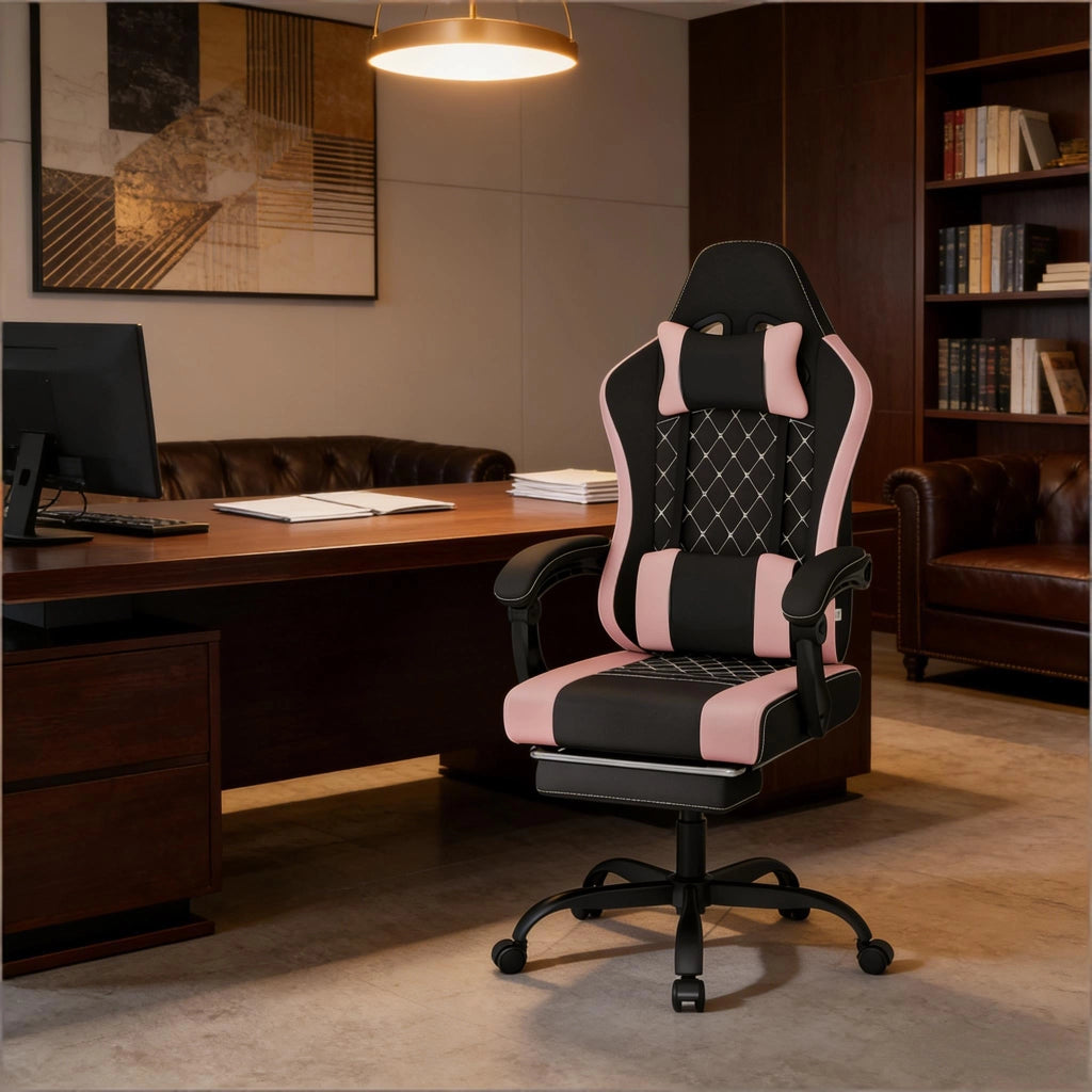 Sedia da ufficio ergonomica girevole con funzione massaggio e cuscino lombare USB in tessuto mesh nero e rosa