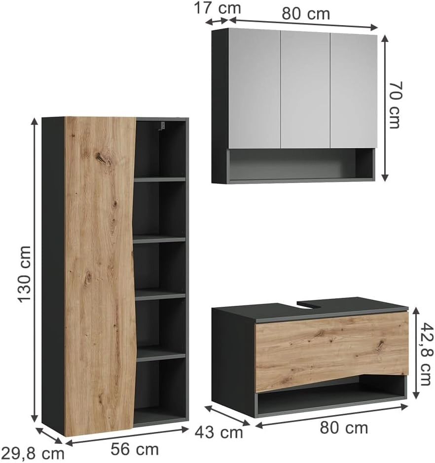 Set di mobili da bagno Willow, Artigiano, 80 cm, composto da mobile sottolavabo, specchiera e colonna alta