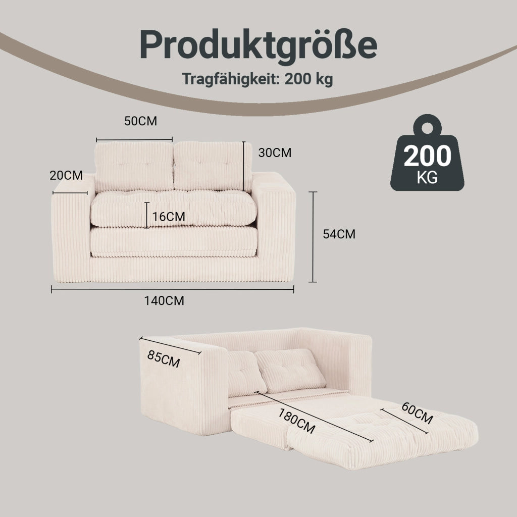 Divano letto 2 posti pieghevole 2 in 1 con cuscini rimovibili e base antiscivolo in tessuto beige