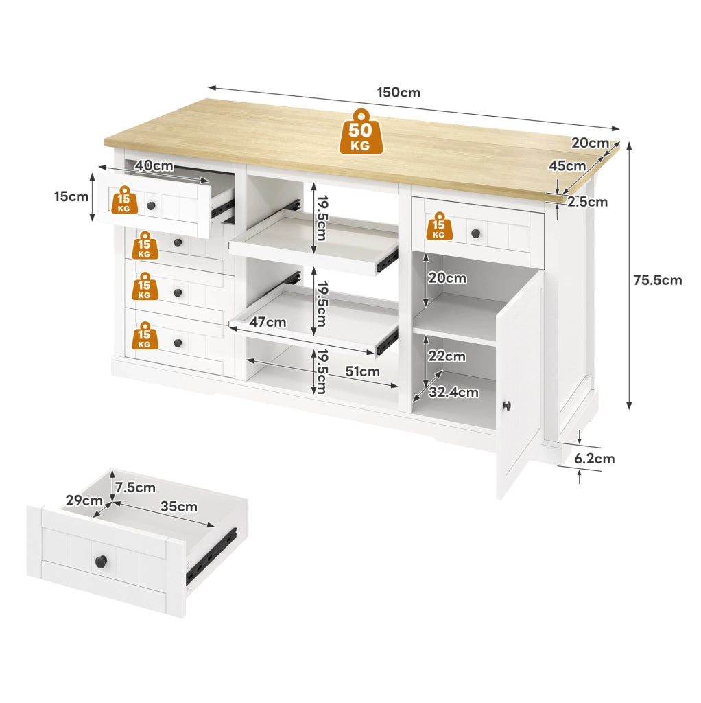 Isola cucina freestanding 150x65x75;5 cm bianco naturale con 5 cassetti e prese