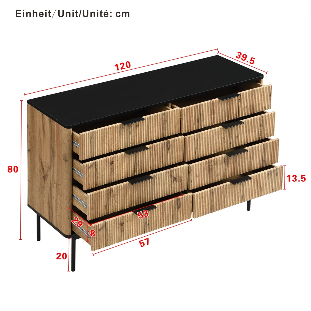Credenza con 5 Cassetti; Rilievo Verticale; Piano Nero; Stile Moderno Nordico; in MDF; Naturale; 120??39;5??80 cm