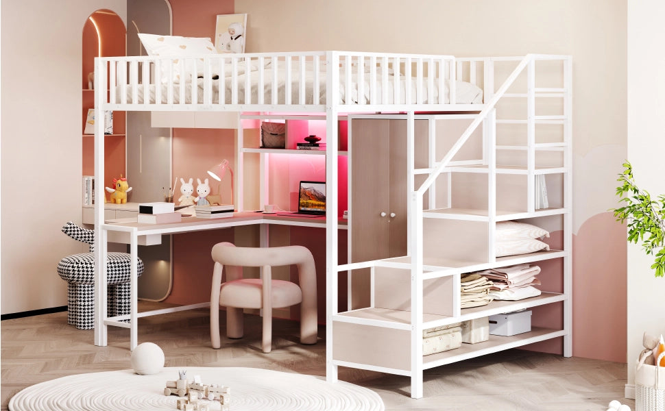 DESMIU Letto a soppalco 2 posti con scrivania, armadio, scaffali, USB e Type-C 140 × 200 cm senza materasso