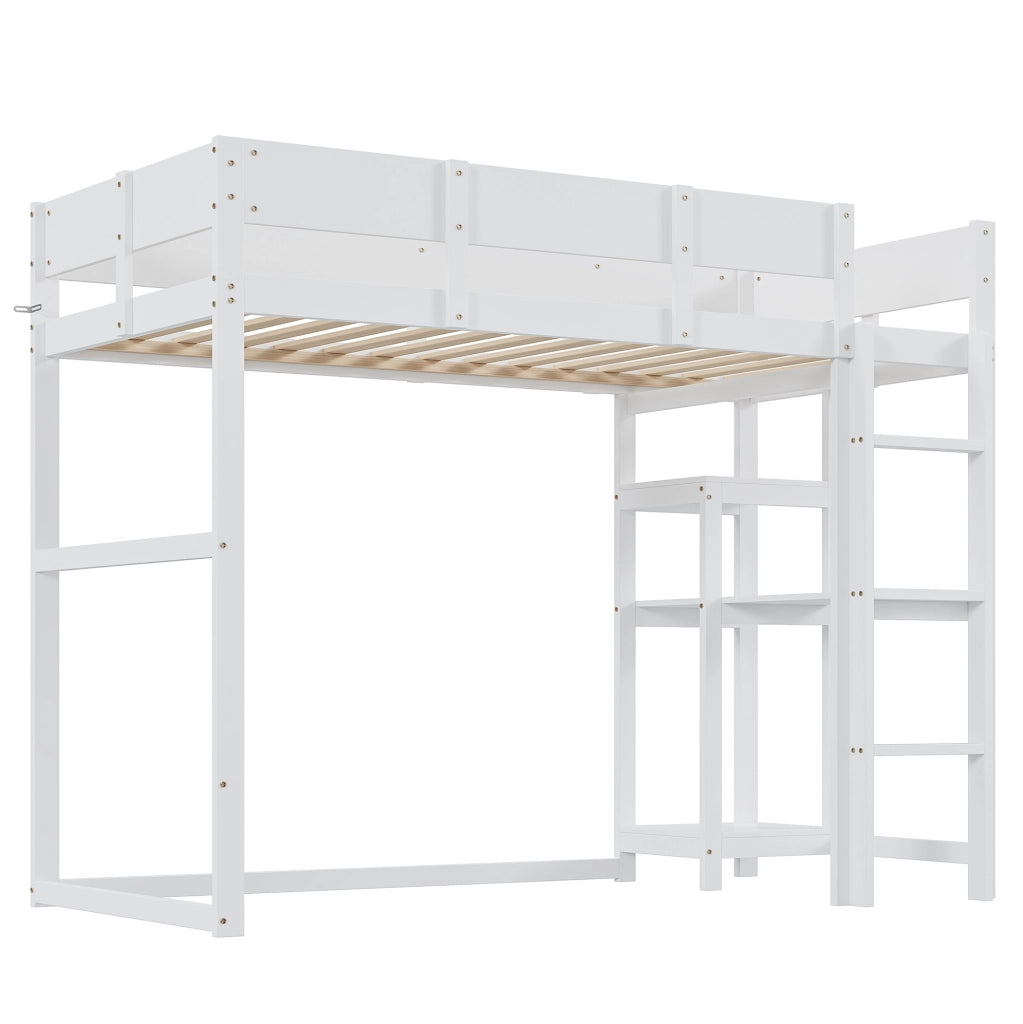 Letto a soppalco ULEVR 90x200 cm con ripiano integrato, sponde di sicurezza e rete a doghe, bianco