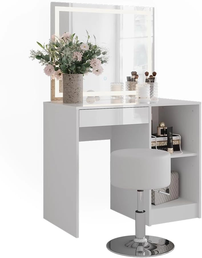 Tavolo da toeletta Sherry, Bianco/bianco lucido, 89.8 cm con specchio LED e sgabello, per l’uso quotidiano come postazione trucco e acconciatura