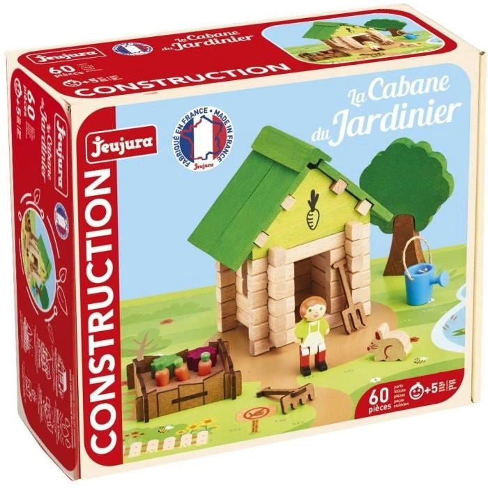 La Cabina del Giardiniere 60 Pezzi - JEUJURA - Gioco di Costruzioni in Legno Naturale, Tappetino e Accessori Inclusi, 22x18,5x8,5 cm