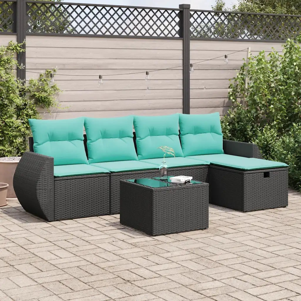 Set Divano da Giardino 6 pz con Cuscini Nero in Polyrattan