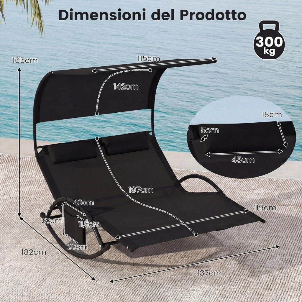Lettino Prendisole a 2 Posti, Lettino in Tessuto Textilene, con 2 Poggiatesta Staccabili, Sedia a Dondolo da Giardino con Struttura Metallica, Lettino con Tettuccio Portata 300 kg (Nero)