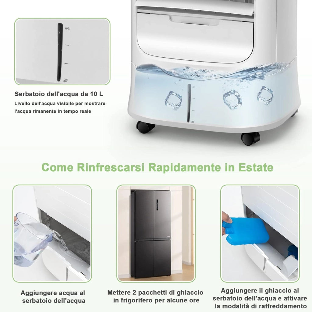 Condizionatore Portatile 4 in 1, Con Raffreddamento, Ventola, Umidificazione, Purificazione, Serbatoio dell’acqua di 10 L, 15H Timer, Con Telecomando e Ruote