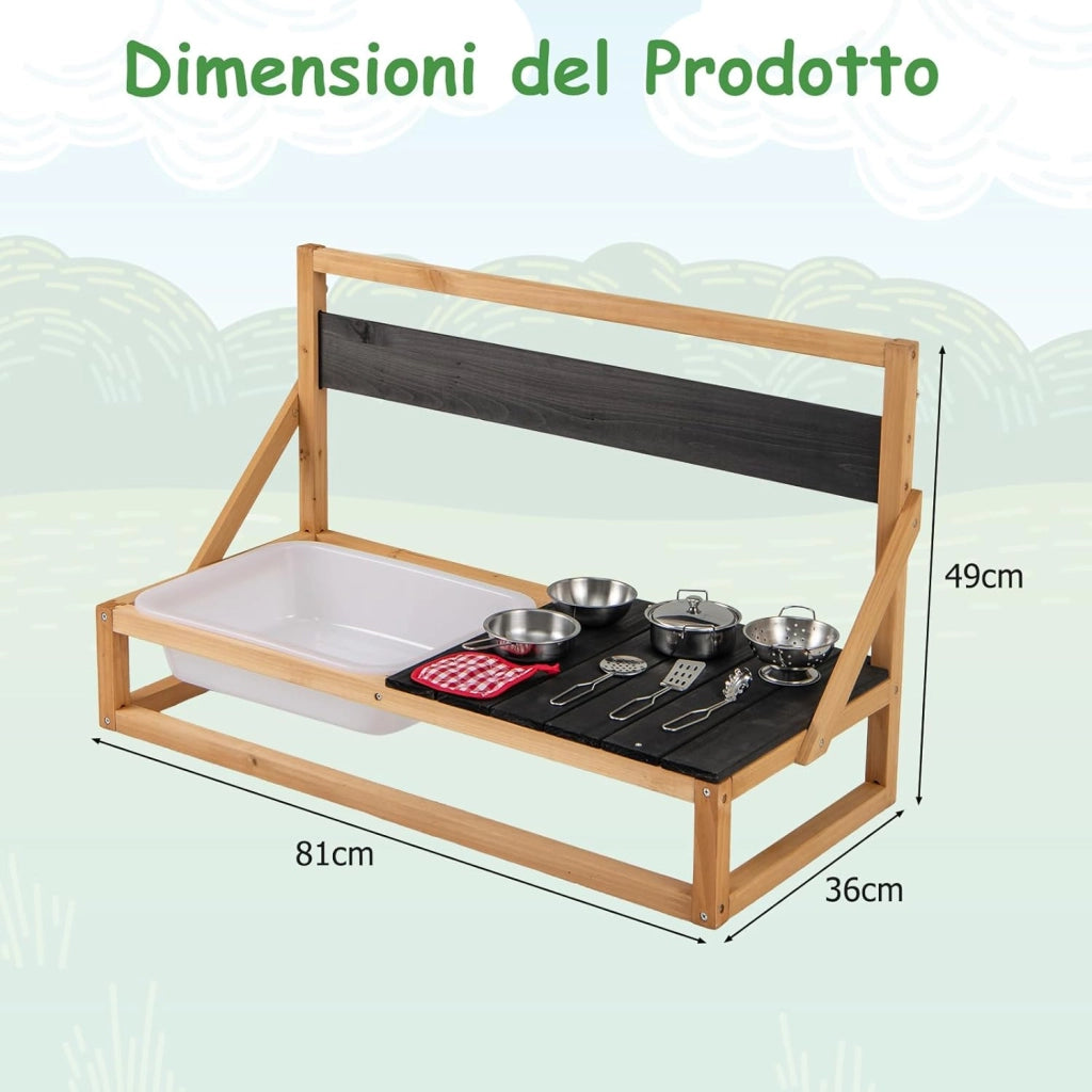 Cucina Giocattolo per Giardino in Legno di Abete, Cucina per Fango da Esterno per Bambini con Ganci, Lavagna e Lavandino, Set Cucina con 9 Accessori, 81 x 36 x 49 cm, per Bambini 3+ Anni