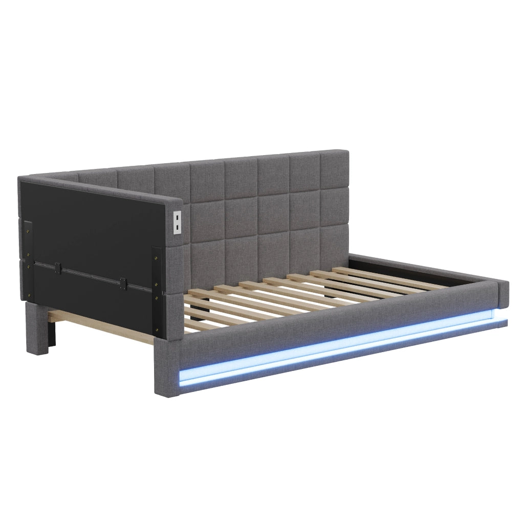 OKWISH Letto a Divano 90×200 cm, Letto Singolo con LED Multicolore, USB e Presa, senza Materasso, in Lino, Grigio