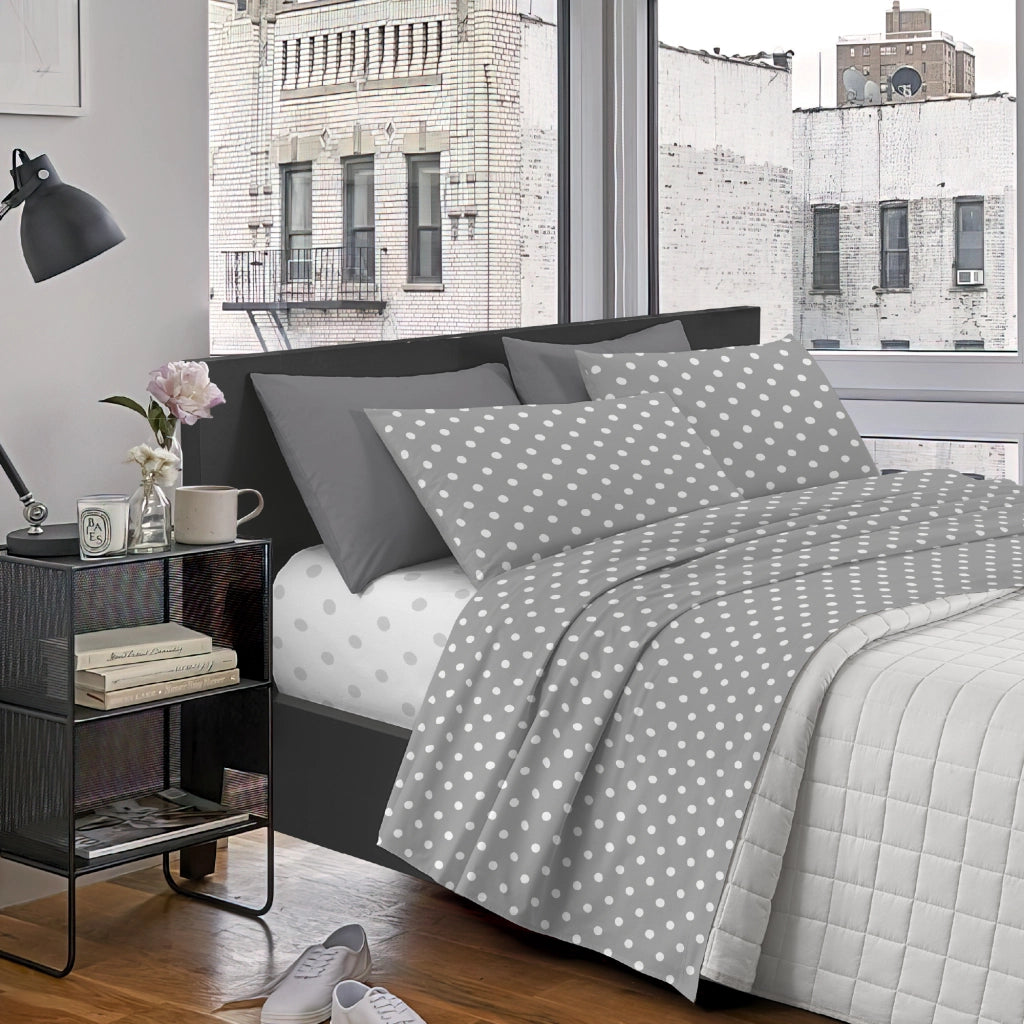 Completo Lenzuola Matrimoniale In Cotone Lenzuolo Sotto Sopra 2 Federe Certificato Oekotex Parure Letto Disegni Moderni Biancheria Di Alta Qualità Pois Grigio
