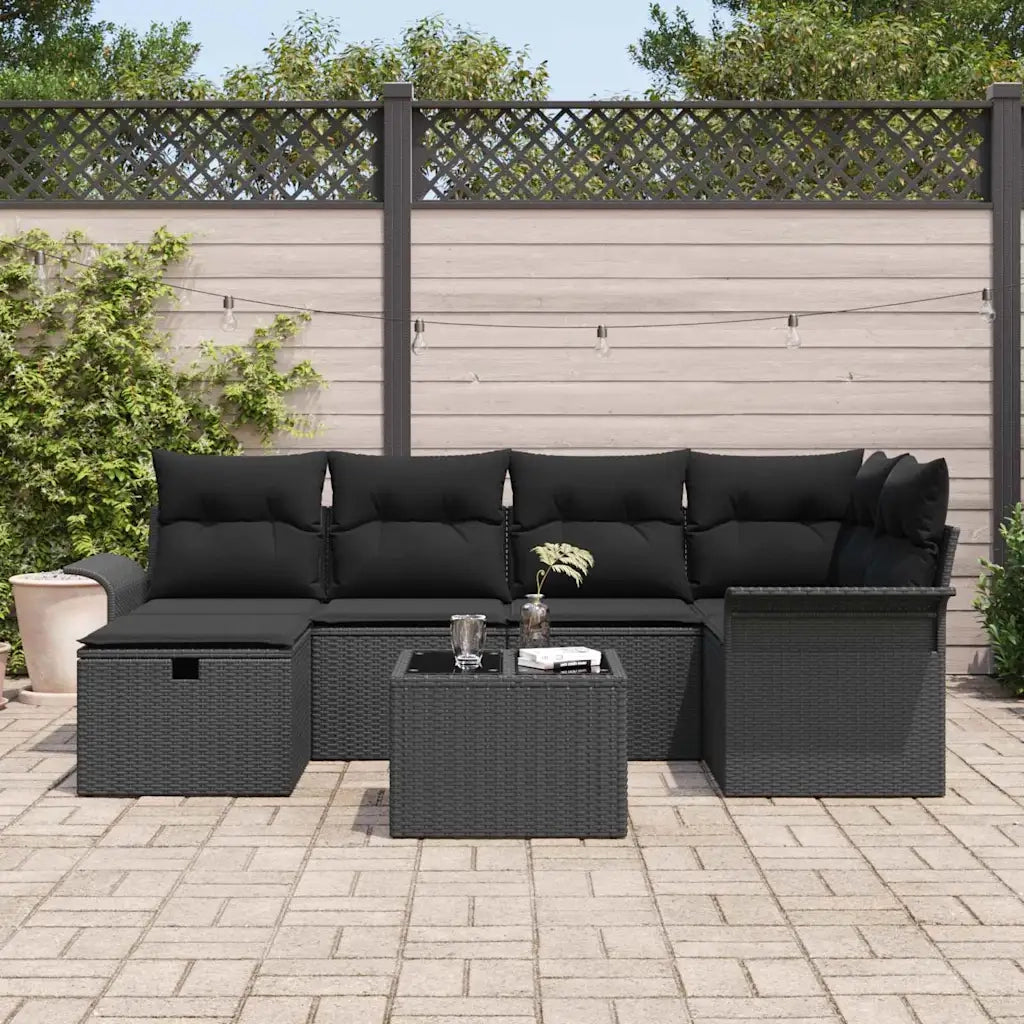 Set Divano da Giardino con cuscino 7 pcs Nero polyrattan