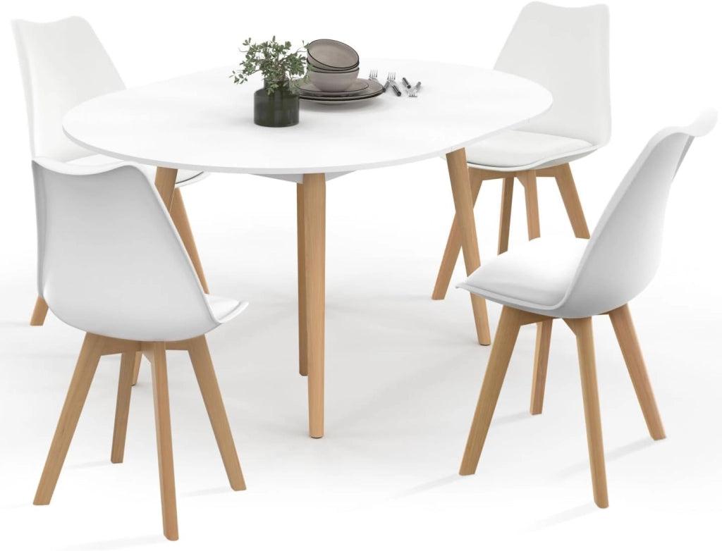 Tavolo da Pranzo Rotondo allungabile Angela Bianco con Gambe in Legno 110-150 cm e Set di 4 sedie Sara Bianche