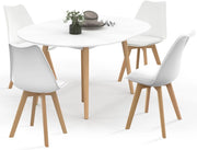 Tavolo da Pranzo Rotondo allungabile Angela Bianco con Gambe in Legno 110-150 cm e Set di 4 sedie Sara Bianche