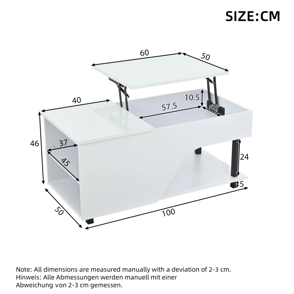 Tavolino da caffè alzabile con vano portaoggetti e ripiani laterali - per soggiorno - 50×100×46 cm - bianco