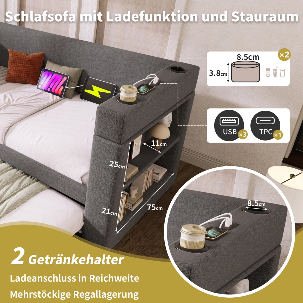 Daybed estraibile 90x200 cm grigio con USB-C e portabicchieri