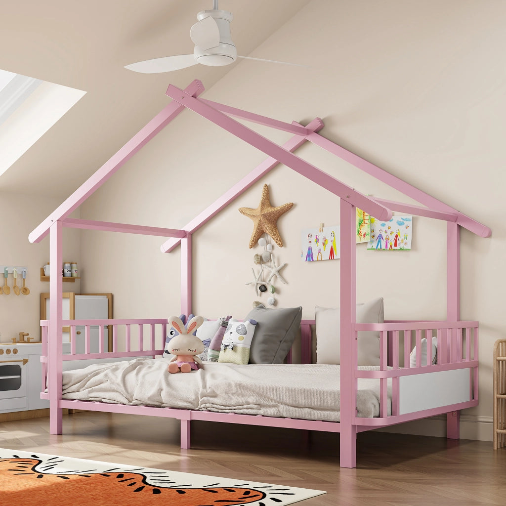 Letto per bambini in metallo a forma di casa 90 x 200 cm, con sbarre di sicurezza, design a tetto, rosa