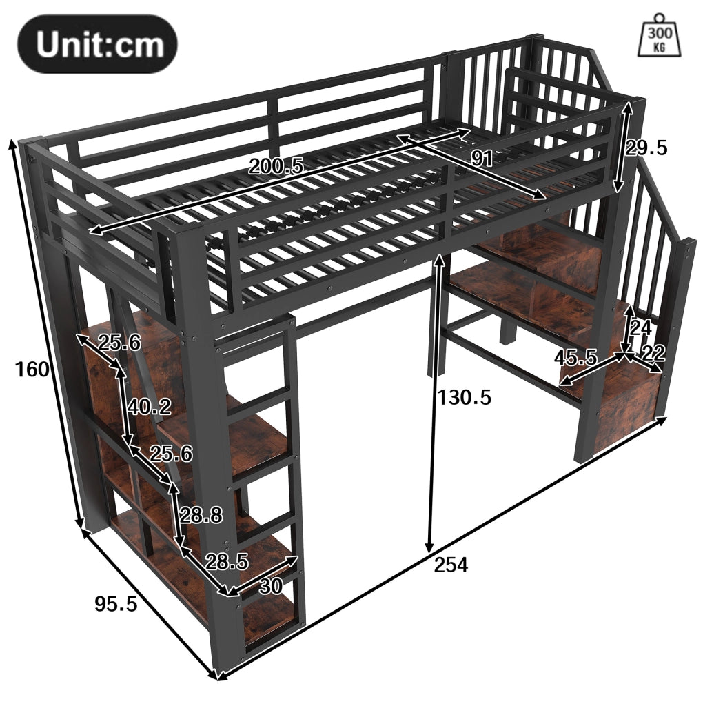 Letto a soppalco ULEVR 90x200 cm con LED multicolore, scaffali e scala contenitore, metallo e MDF nero