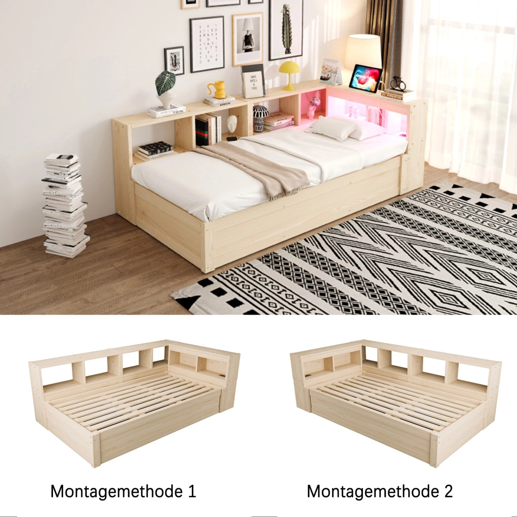 Letto singolo 90 × 200 cm con presa multifunzione, luce LED, vani contenitore e senza materasso, legno naturale