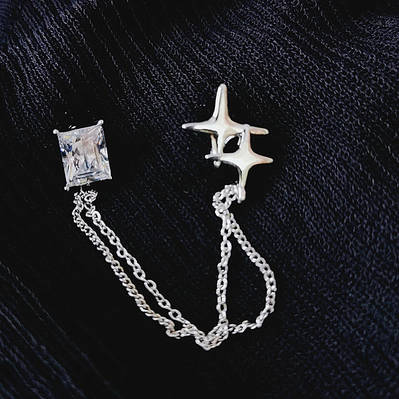 Spilla a catena con nappe a forma di stella e zirconi quadrati, spilla da bavero per camicia.