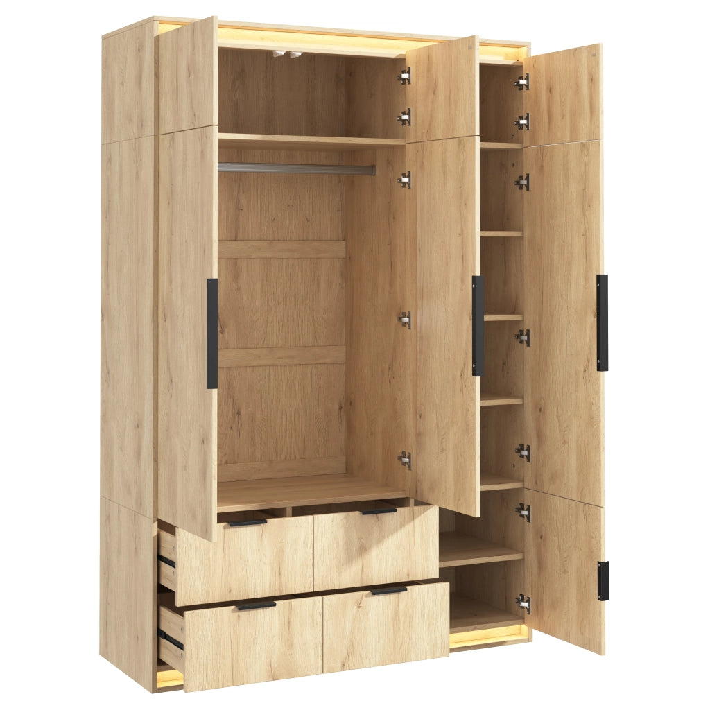 Armadio con specchio e LED, 3 ante, 4 cassetti e 8 vani, per camera da letto, in MDF rovere, 135 × 47 × 200 cm