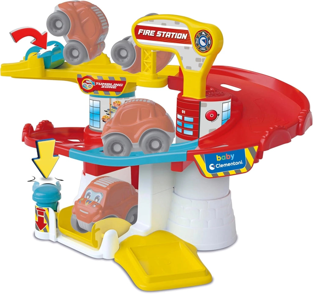 Fire Station, Pista Macchinine per Bambini i, con 1 Macchinina Ribaltabile, Stimola Manualita e Curiosita, Baby Clemento