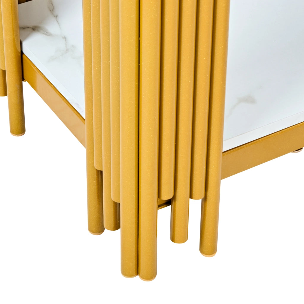 Consolle con 2 ripiani, effetto marmo, in MDF e metallo dorato, per ingresso e soggiorno, 123,5 × 33,5 × 80 cm