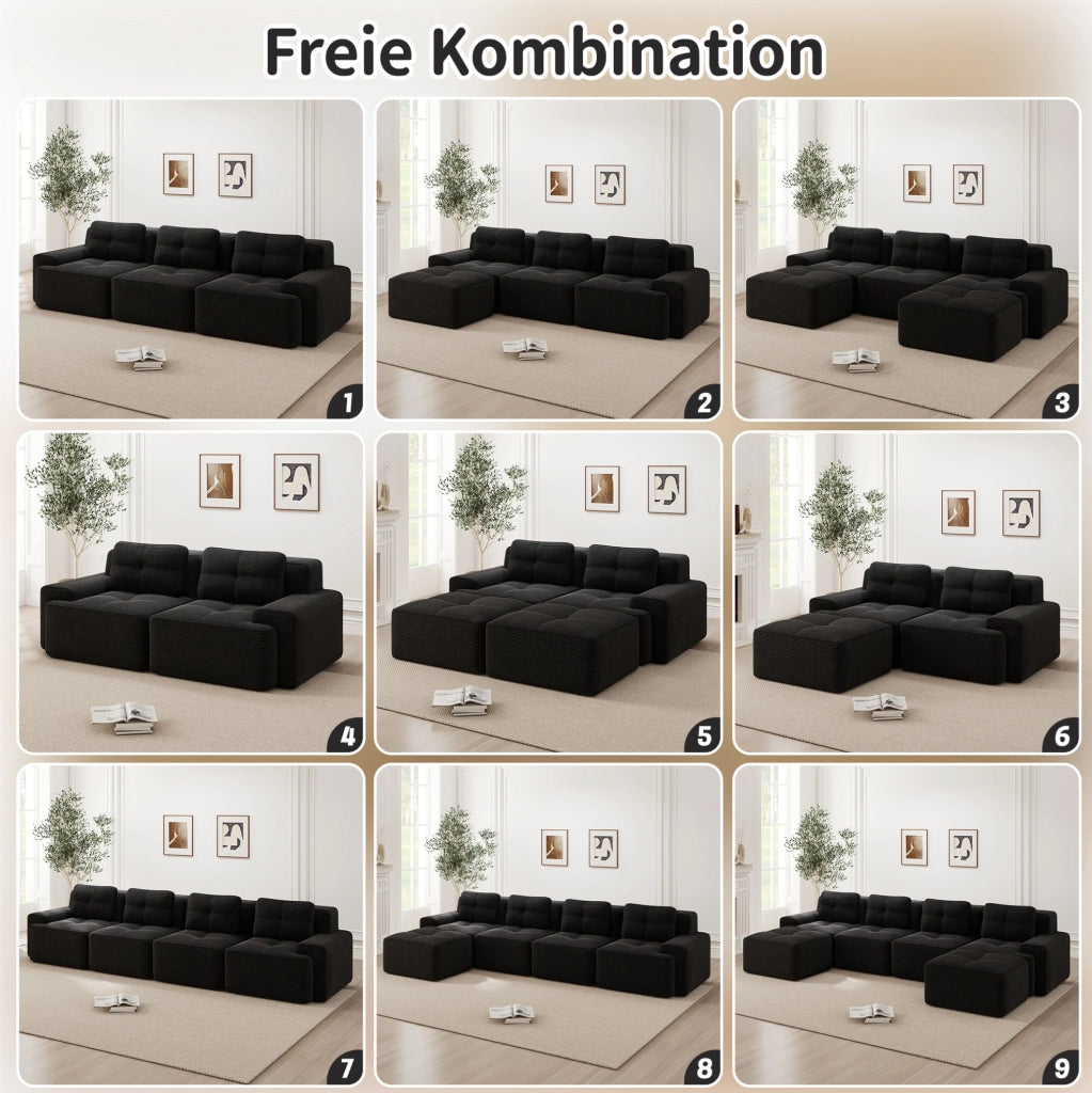 Divano modulare 3 posti con ottoman in corduroy nero; design senza struttura e seduta profonda