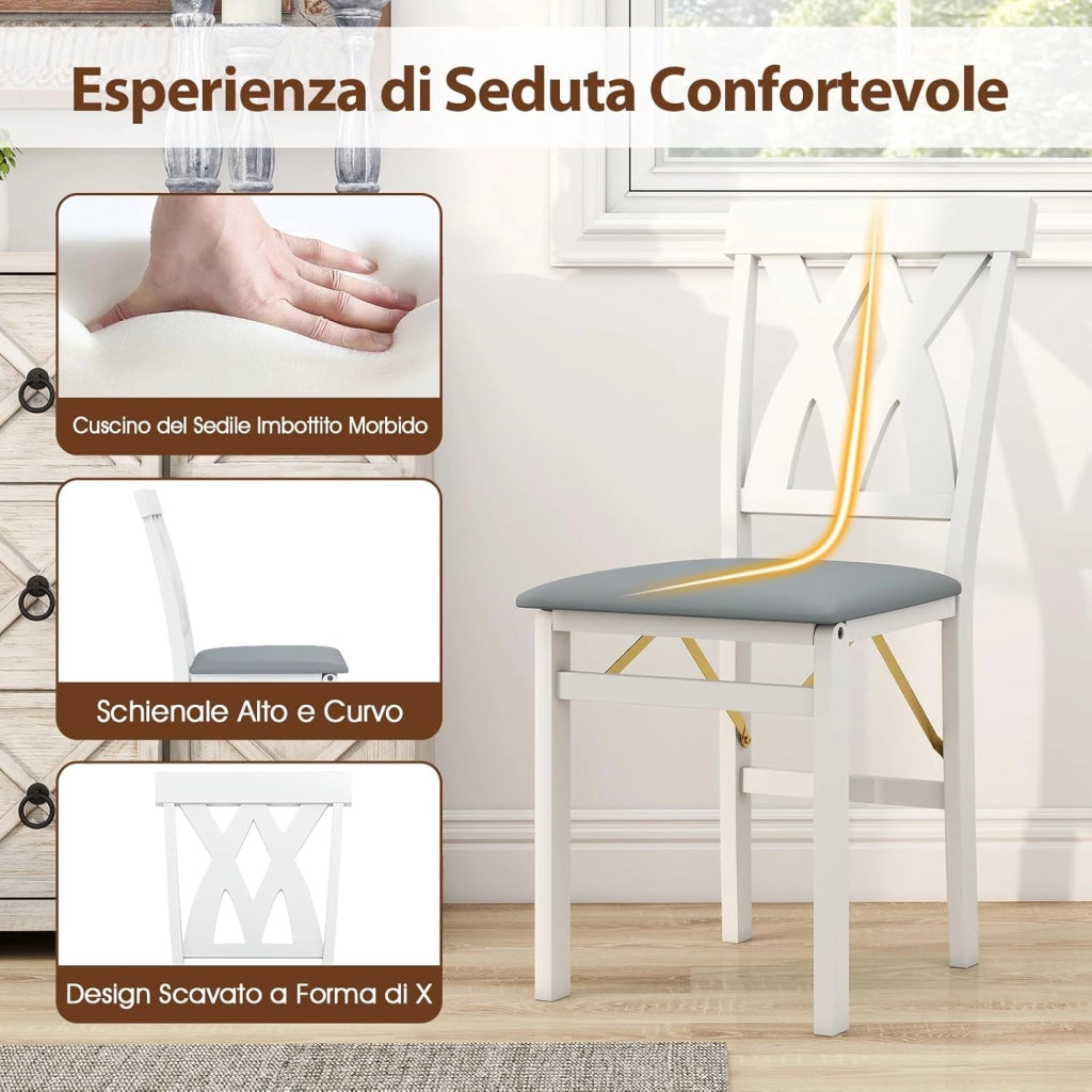 Set di 2 Sedie Pieghevoli, Sedie Ergonomiche di Gomma Senza Braccioli con Struttura in Legno di Gomma, Seduta Pieghevole da Pranzo con Schienale Curvo per Ristorante, Portata 150 kg (Bianco)