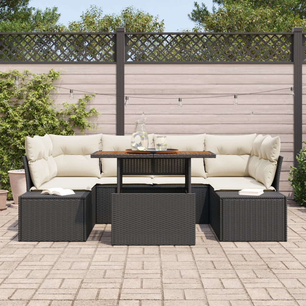 Set da pranzo da giardino 7 pezzi con cuscini in polirattan nero e acacia