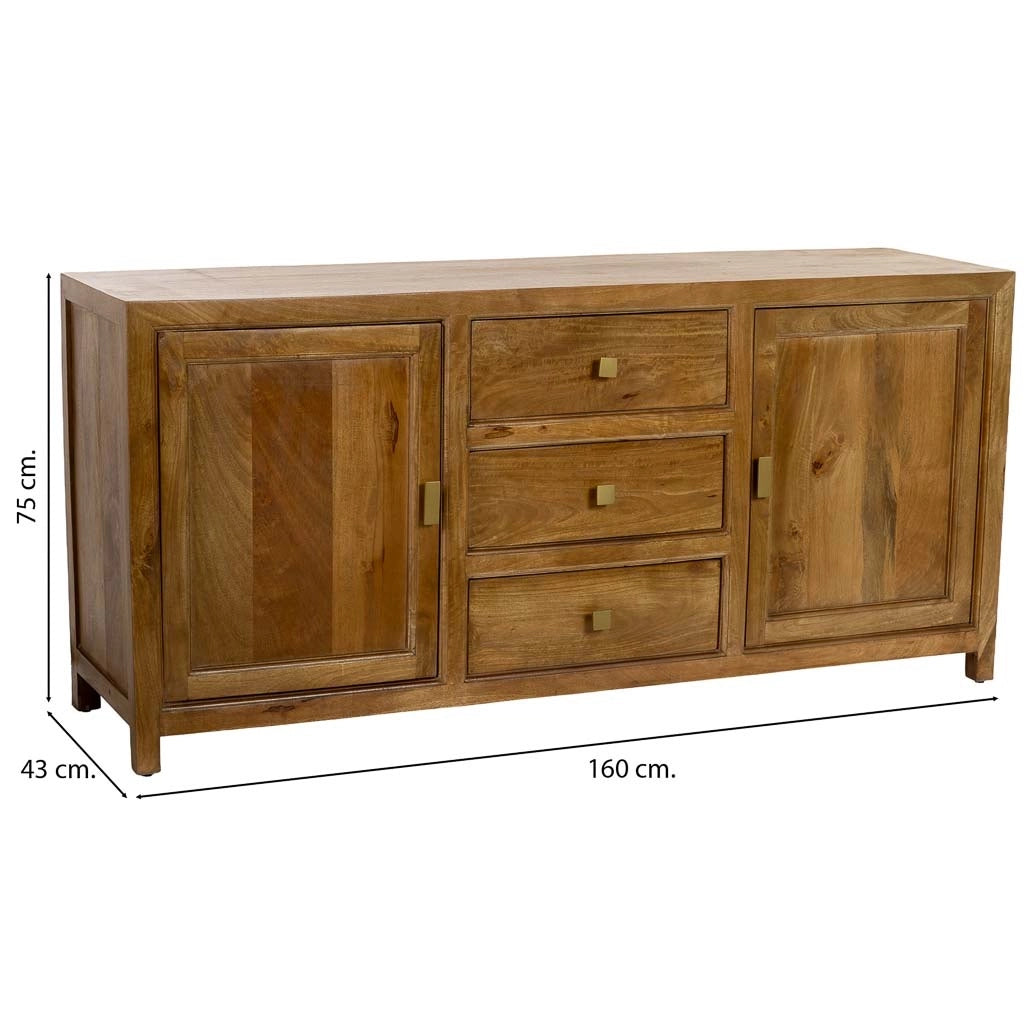 Credenza in legno marrone con 3 cassetti e 2 ante, 160x43x75h cm