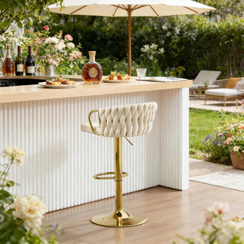 Sgabello da bar regolabile girevole in velluto bianco crema